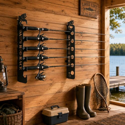 Personalized Fishing Rod Holder Wall Mount Custom Dad’s Rod Rack Metal Fishing Pole Storage Rack for Garage Cabin Lake House Man Cave Fishing Gear Organizer Holds 6 Rods