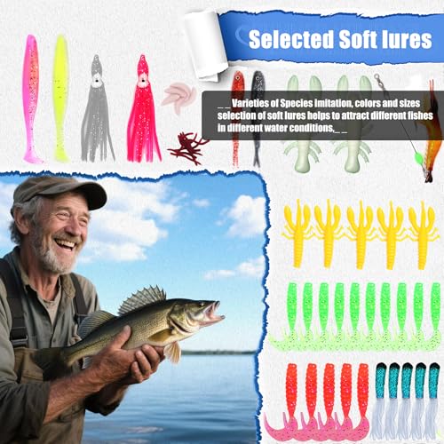 EXAURAFELIS Fishing Lures Tackle Kit, Mixed Hard & Soft Baits Metal Spoons Fishing Accessories for Bass Trout Pike Freshwater Saltwater Fishing - color: 142pcs