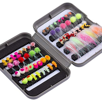 BASSDASH Fly Fishing Flies Kit Fly Assortment Trout Bass Fishing with Fly Box with Dry/Wet Flies, Nymphs, Streamers, Popper - style: 57pcs Barbed Steelhead/Salmon/Trout Flies