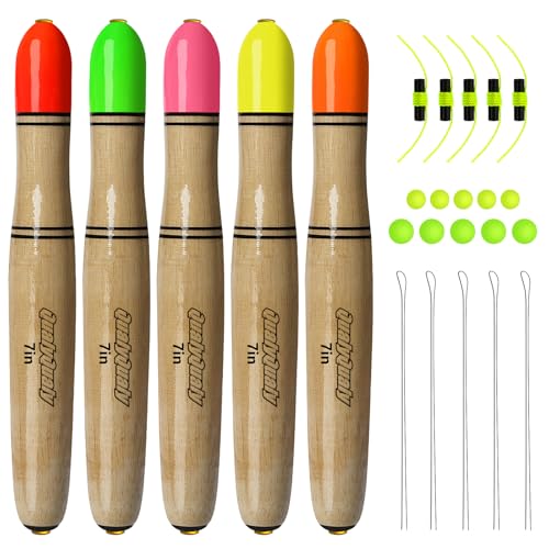 QualyQualy Lighted Fishing Floats for Catfish, 3-5PCS Fishing Pole Floats Glow in Dark Fishing Bobber with Glow Sticks for Freshwater Saltwater - color: C-Wooden Pole Float-5Pcs, size: 7"-5Pcs