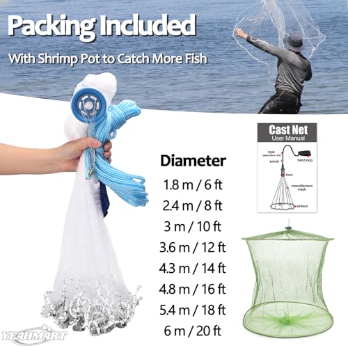 Yeahmart American Saltwater Fishing Cast Net for Bait Trap Fish 3ft/4ft/5ft/6ft/7ft/8ft/9ft/10ft Radius Casting Nets with Heavy Duty Real Zinc Sinker Weights, 3/8inch Mesh Size - style: 9ft Radius