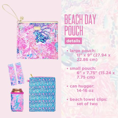 Lilly Pulitzer Water Resistant Vinyl Beach Day Pouch, Zipper Bag Includes Drink Hugger, Small Pouch, and Towel Clips - color: Splendor in the Sand