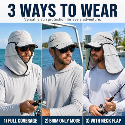 Palmyth Fishing Sun Hat with Detachable Neck Flap UPF 50+ Baseball Cap | Convertible Ventilation Panel, Sunglass Lock, Water Resistant, Foldable, Ventilation Holes, 3 Ways to Wear, Men & Women - color: Light Grey