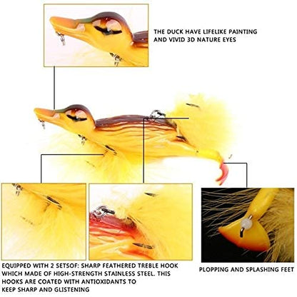 1piece 3D Duck Topwater Fishing Lure Yellow Duckling Floating Artificial Bait Plopping and Splashing Feet Hard Fishing Tackle Geer 12cm 28g - color: Yellow A
