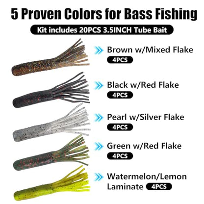 Eupheng Tube Baits for Bass Fishing, Soft Plastic Bait Worm Tube Jig Kit Tube Worms with Tube Jig Heads for Lake Trout Smallmouth Largemouth Bass - size: 3.5 Inch Tube Lure-20PCS