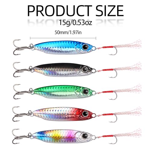 Tripquips Saltwater Jigs Fishing Lures with Ultra-Sharp Hooks, Saltwater Spoon Lure for Tuna Salmon Grouper, Sea Fishing Jigging Lure, Trolling Spoon for Bass Fishing - color: 5PCS-15g/0.53oz