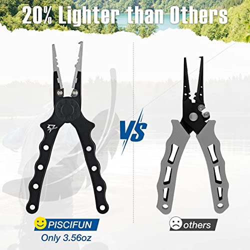 Piscifun Saltwater Fishing Pliers, Aluminum, Split Ring, Braid Cutter | Hook remover, tungsten carbide blade, spring-loaded jaws, ergonomic grip, sheath and lanyard - color: Black, style: Rubber Sheath