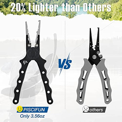 Piscifun Saltwater Fishing Pliers, Aluminum, Split Ring, Braid Cutter | Hook remover, tungsten carbide blade, spring-loaded jaws, ergonomic grip, sheath and lanyard - color: Black, style: Rubber Sheath
