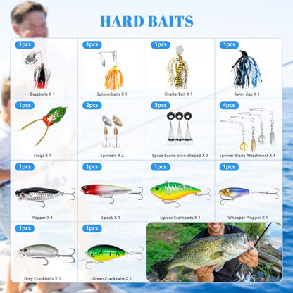 FONMANG 322-Piece Fishing Lures Kit - Buzz Bait/Spinner Baits/Jig/Frog, Fishing Tackle Box with Tackle Included, Soft Bait/Hooks/Weights, Fishing Gear Lure Kit Gift for Men Freshwater Bass Trout - color: A-322pcs Bass Fishing Kit