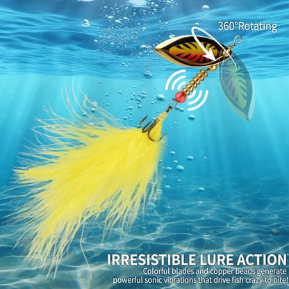 10Pcs Spinner Baits Rooster Tail Fishing Lure Kit for Bass Trout | 0.1-0.4oz 2-in-1 lure set freshwater saltwater | Spinning blade vibration flash | Solid brass sharp hooks | Bright feathers