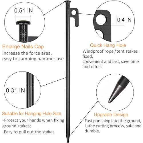 8 Pack Tent Stakes Heavy Duty Metal Tent Pegs for Camping Steel Tent Stakes 8 inch Unbreakable and Inflexible - size: 8 IN