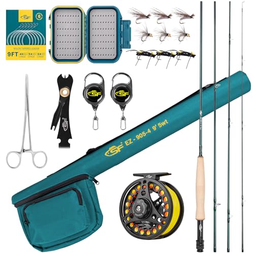 SF Fly Fishing Rod Combo Starter Kit Semi Gloss Green Jade Finish 24T Carbon Fiber Trout Travel Fly Rod with Reel,Fly Rod case,Fly Box , Flies,Tapered Leader,Knot Tying Tools - color: Emerald Green Fly Rod Combo 5wt, size: 9', 5wt, 4sec, M.F