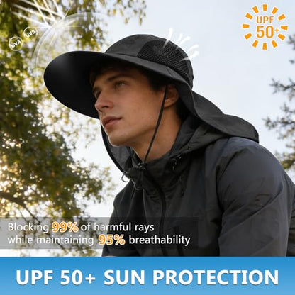 Sun Hat for Men Women with Neck Flap,UPF 50+ UV Protective Hiking Fishing Hats,Wide Brim Sun Hat for Women&Men - color: 1pack-black