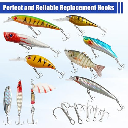 Fishing Treble Hooks Assortment, Sharp Brabed Triple Fishing Hooks Set High Carbon Steel Round Bend for Trout Catfish Lures Freshwater Saltwater, Assorted Size 4 6 8 10 12 - style: 140pcs Silver Treble Hooks Set