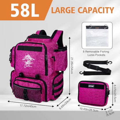 Goture Fishing Backpack, 900D Water-Resistant Tackle Backpack with Rod Holders, 58L Large Storage Gear Fishing Tackle Bag with Detachable Crossbody Bag,8 Lure Pockets,Bottle Holder for Camping Hiking - color: Bling Pink