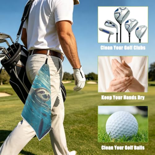 Sloth River Fish Teal Pattern Magnetic Golf Towel for Golf Bags Microfiber Golf Accessories for Women Men with Carabiner Clip Attaches to Clubs and Carts, 17.7"x17.7"