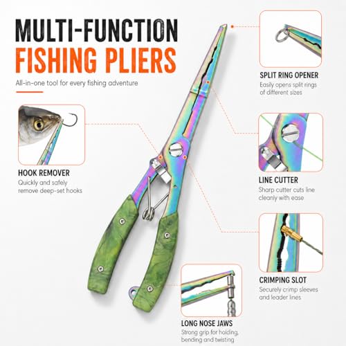 YINEE Fishing Pliers and Fish Lip Gripper Set, Stainless Steel Fishing Gear, Saltwater Hook Remover Split Ring Tool - color: Green-Fishing Pliers&Fish Lip Grippe