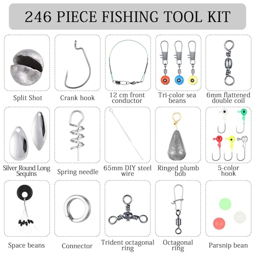 Hungdao 252 PC Fishing Tool Kit Terminal Tackle Kit Fish Hook Remover Lip Gripper Digital Scale Pliers Lanyard Sheath Gear with Tackle Box Summer Fishing Gifts for Men