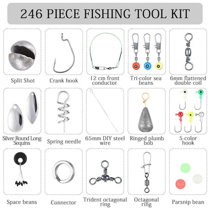 Hungdao 252 PC Fishing Tool Kit Terminal Tackle Kit Fish Hook Remover Lip Gripper Digital Scale Pliers Lanyard Sheath Gear with Tackle Box Summer Fishing Gifts for Men
