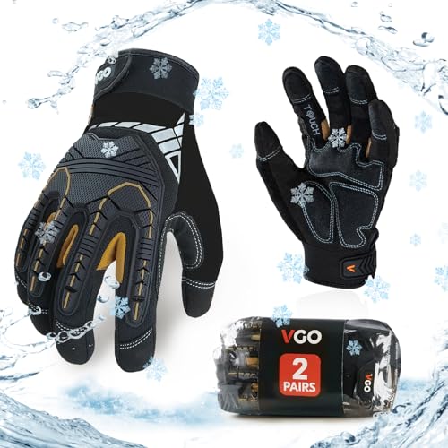 Vgo... 2-Pairs 32°F Waterproof High-Dexterity Heavy-Duty Winter Mechanic Gloves, Impact & Vibration Reduction (M, Black&Gold, SL8849FW) - color: Black&gold-winter, size: Medium (2 Pairs)