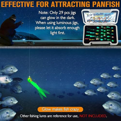 Dovesun Ice Fishing Jigs Kit Glow in The Dark Fishing Gear Lures 35 Pcs Ice Jig Head with Tackle Box for Panfish Walleye Crappie Perch Bluegil Trout