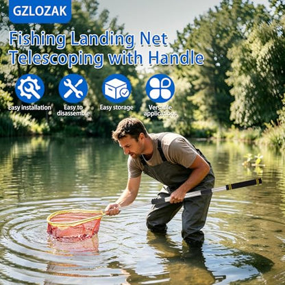 Fish Net, 44-77” Fishing Net Foldable Designed for Catching Trout Netting Fish Shrimp Along Riverbanks and Lakeshores