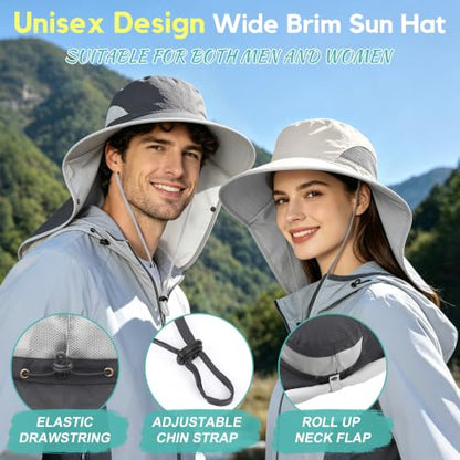 2 Pack Women Men Outdoor Wide Brim Sun Hat with Neck Face Flap,UPF 50+ Protection Fishing Garden Work Hat with Ponytail Hole - color: Dark Grey ＆ Beige