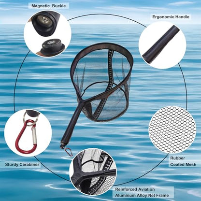 Aventik Magnetic Landing Net with Measuring Ruler Rubber-14inch Deep Design Coated Non-Tangle Mesh Lightweight Aviation Aluminum Frame Portable Trout & Bass Fishing Net for Kayak Fly Boat & Wading