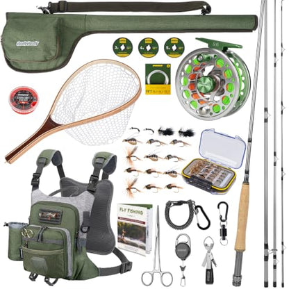 QualyQualy Fly Fishing Combo Starter Kit, 9Ft Fly Rod 4-Piece Graphite Rod with Bag, Accessories, Die Cast Aluminum Pre-Loaded Reel, Chest Pack, Fly Fishng Net & Flies - color: A-5/6-Green Reel (Pack &Net)