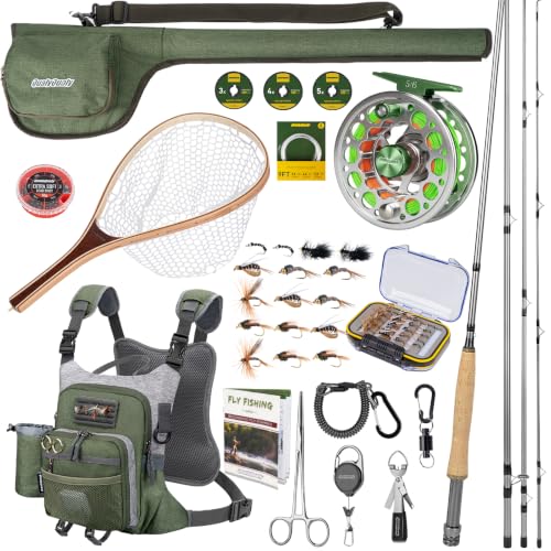 QualyQualy Fly Fishing Combo Starter Kit, 9Ft Fly Rod 4-Piece Graphite Rod with Bag, Accessories, Die Cast Aluminum Pre-Loaded Reel, Chest Pack, Fly Fishng Net & Flies - color: A-5/6-Green Reel (Pack &Net)