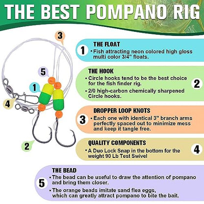 Pompano-Rigs-for-Surf-Fishing-Saltwater-Gear with Double Circle & Wide Gap Hook-6-Pack Surf Fishing Tackle - color: Green and Chartreuse 6-Pack, size: 2/0 Circle Hook