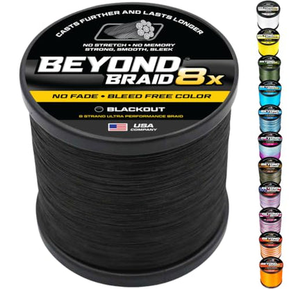 Beyond Braid Braided Fishing Line -Super Strong - Abrasion Resistant - No Stretch -Blue Camo, Moss Camo, White, Green, Pink, Blue, 4 Strand 8 Strand - color: Blackout 8X - No Fade, size: 10LB (300 Yards)