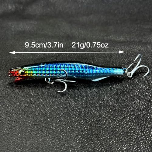 Saltwater Fishing Lures Kit, 3pcs Fishing Sriper Lures Minnow Lures Deep Diving Jerkbait, Crankbait Popper Plugs Hardbaits with Treble Hooks for Inshore Offshore Ocean Sea Fishing (A1-3.7'' 0.75oz)