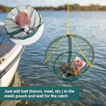 DONQL Double Ring Crab Trap, Small Collapsible Crab Nets with 39ft Rope, Built‑in Weight, Bait Bag, Ruler, Portable Crabbing Equipment Pots for Dock & Pier Crabbing Blue Crabs Dungeness Rock