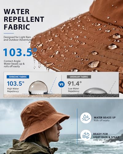 Water-Resistant Sun UPF 50+ Bucket Hat Protection Packable Brimmed Boonie for Women Men Summer Lightweight Hiking Outdoor Cap - color: Caramel