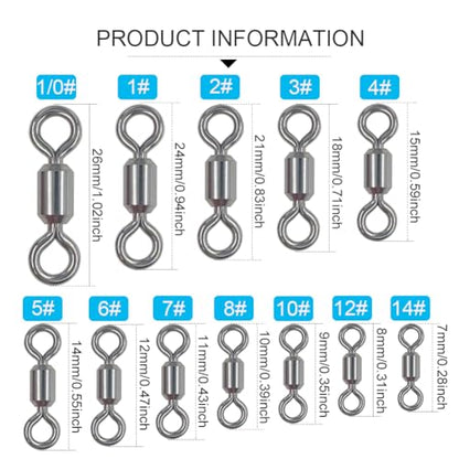 100 Pcs Fishing Swivels Saltwater, 100% 304 Stainless Steel Power Swivel Corrosion Resistance Barrel Swivels High Strength Freshwater Fishing Line Lure Leader Connectors - size: 10# 0.35" / 70LB
