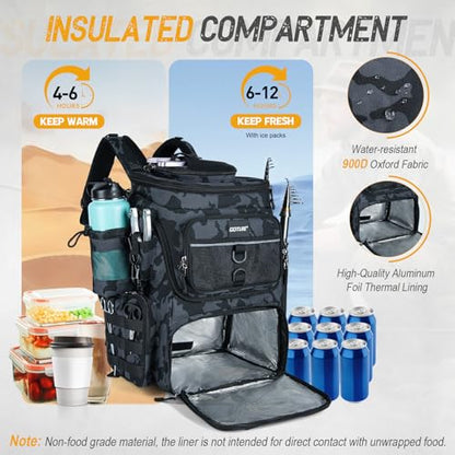 Goture Fishing Backpack with 4 Tackle Boxes, 900D Water-Resistant Tackle Backpack with Rod Holders,Insulated Cooler Compartment, 55L Large Capacity Fishing Gear Storage Bag for Saltwater & Freshwater - color: A3:camo(4 Tackle Boxes Included)