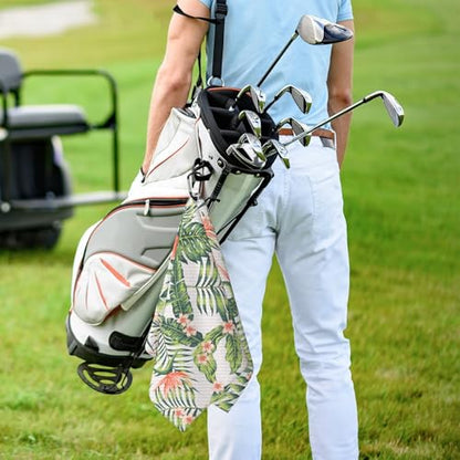 Pink Flower in Green Tropical Golf Towel for Golf's Bags Botanical Plant Golf Towels with Clip Floral Blossoms Waffle Towels Summer Flowers Cleaning Cloth 2 Packs for Men, Birthday Present - color: Pink Green
