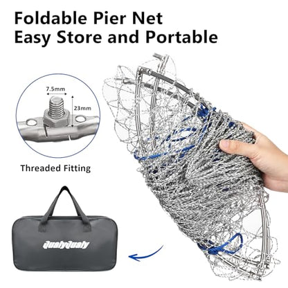 QualyQualy Foldable Pier Fishing Net 23" with Rust-Proof Stainless Steel Ring & Heavy-Duty Poly Mesh | Saltwater & Freshwater Landing Net for Kayak, Bridge Fishing Lightweight Durable Design - color: Gray
