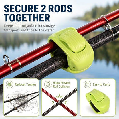 Fishing Rod Holder Clip with EPDM Non-Slip Strap, Portable Pole Tie and Wrap Organizer for Spinning, Casting and Telescopic Rods, Protective Rod Band for Travel and Storage