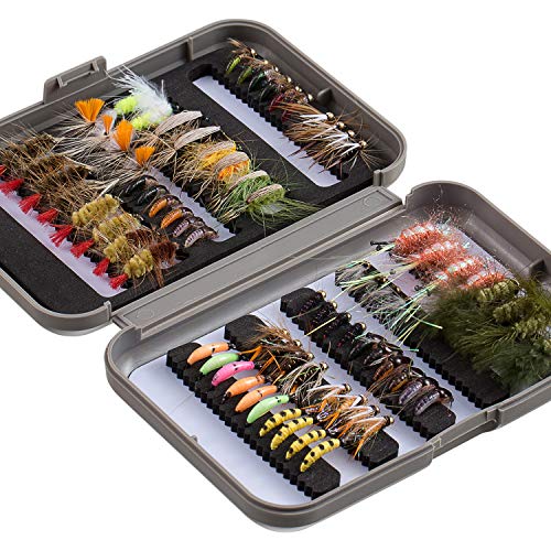 BASSDASH Fly Fishing Flies Kit Fly Assortment Trout Bass Fishing with Fly Box with Dry/Wet Flies, Nymphs, Streamers, Popper - style: 76 Pcs Assorted Trout Flies Kit
