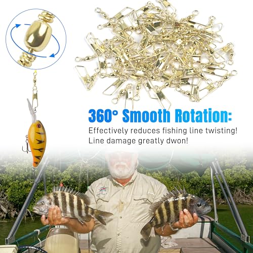 AGOOL Fishing Swivels Snaps, 60/120pcs Barrel Swivels with Nice Snaps Gold High Strength Solid Rings Line Lures Connector Fishing Tackle Accessories - size: #6_120pcs