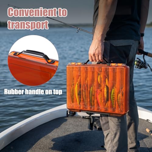 3 Pack Fishing Lure Boxes Tackle Storage Plastic Double Sided Fishing Tackle Organizer with Dividers for Hooks Crankbaits Kayak Boat Freshwater Saltwater Orange Gray Yellow 10.6" × 7.5" × 2.0"