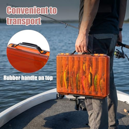 3 Pack Fishing Lure Boxes Tackle Storage Plastic Double Sided Fishing Tackle Organizer with Dividers for Hooks Crankbaits Kayak Boat Freshwater Saltwater Orange Gray Yellow 10.6" × 7.5" × 2.0"