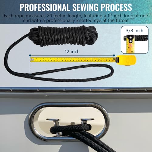 2 Pack 3/8" x 20' Boat Dock Lines for Boat & Pontoon, Premium Marine- Grade Double Braided Nylon Boat Lines, Pre-Spliced with a 12" Eyelet-Black,High Strength,Easy Handling,Boating Gifts for Men. - size: 3/8" x 20' (Pack of 2)