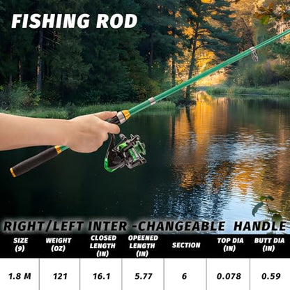 I00000 Fishing Rod and Reel Combos with Fiberglass Telescopic Fishing Pole - Spinning Reel Fishing Carrier Bag, Freshwater and Saltwater Fishing Rod Kit,Travel Fishing Kit for Bass Trout - color: Green