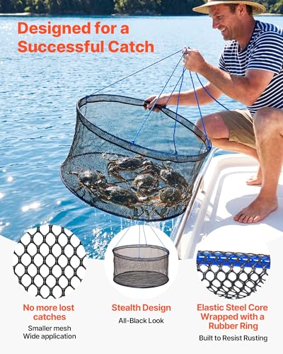 VEVOR Foldable Fishing Net, Landing Fishing Pier Nets 31.5" Hoop, Portable Drop Net for Pulling up Fish, Durable and Fish-Friendly, with Rope and Storage Bag, for Minnows, Crawfish, Shrimp, Crab