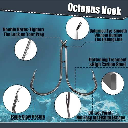 9KM DWLIFE Octopus Fishing Hooks, Double Barbed High Carbon Steel Hooks | Corrosion-Resistant Baitholder Circle Hooks with Sharp Points for Bass, Catfish, Walleye, Trout and Saltwater Fishing - size: 5/0#-50pcs