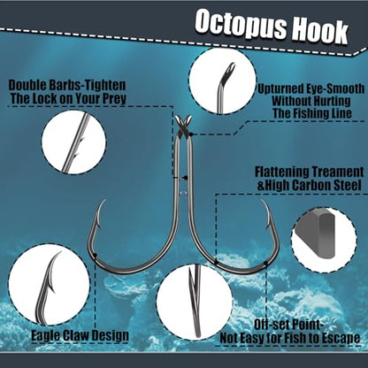 9KM DWLIFE Octopus Fishing Hooks, Double Barbed High Carbon Steel Hooks | Corrosion-Resistant Baitholder Circle Hooks with Sharp Points for Bass, Catfish, Walleye, Trout and Saltwater Fishing - size: 4/0#-100pcs