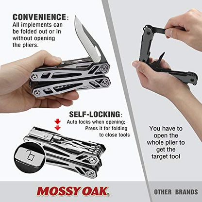 MOSSY OAK Multitool, 21-in-1 Stainless Steel Pocket Knife with Screwdriver Sleeve, Self-locking Pliers with Sheath-Perfect for Outdoor, Survival, Camping, Hiking, Simple Repair - color: 21-in-1, Silver